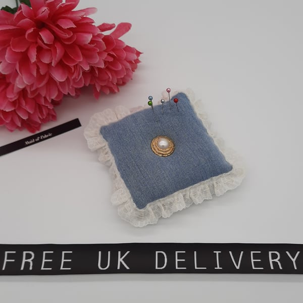Pin cushion in upcycled denim with lace. Free uk delivery.