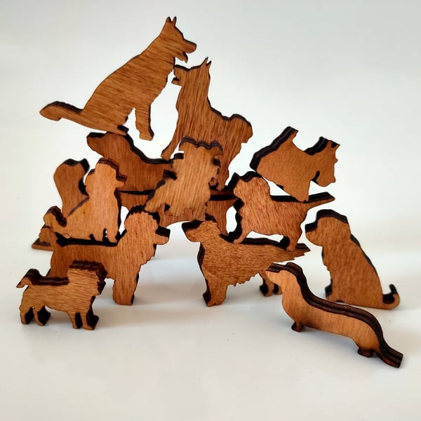 Puppy Pile-Up Dog! Bag of fourteen miniature wooden dogs.