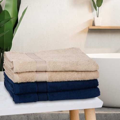 Bodil Bath Towel (Beige & Navy Blue) - Set Of Four