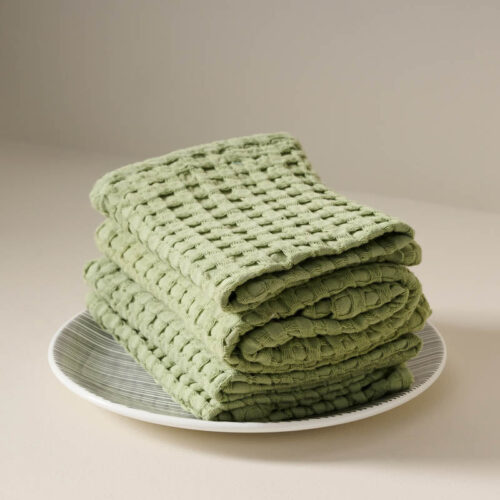 Fluffy Waffle Face Towel (Green) - Set of Four