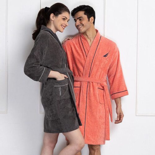Nautica His & Hers Cashmere Dreams Cotton Bath Robe (Coral & Dark Grey) - Set Of Two