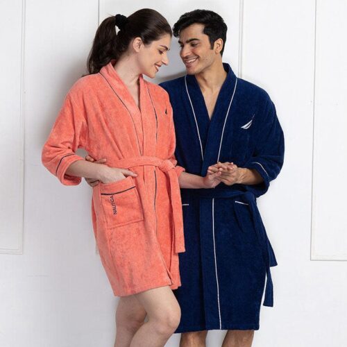 Nautica His & Hers Cashmere Dreams Cotton Bath Robe (Coral & Navy Blue) - Set Of Two