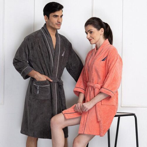 Nautica His & Hers Cashmere Dreams Cotton Bath Robe (Grey & Coral) - Set Of Two