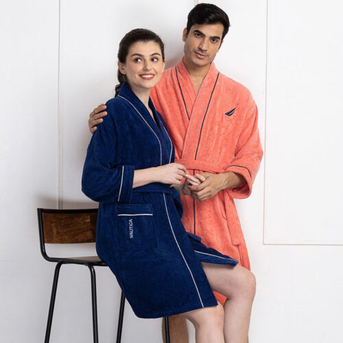 Nautica His & Hers Cashmere Dreams Cotton Bath Robe (Navy Blue & Coral) - Set Of Two