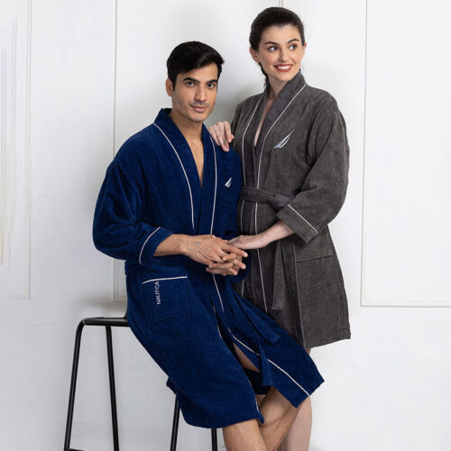 Nautica His & Hers Cashmere Dreams Cotton Bath Robe (Navy Blue & Dark Grey) - Set Of Two