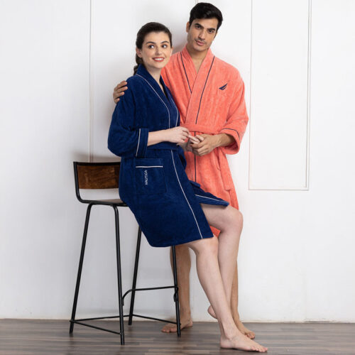 Nautica His & Hers Cashmere Dreams Cotton Bath Robe (NavyBlue & Coral) - Set Of Two