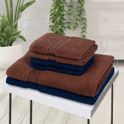 Nuage Cotton Towel Set (Brown & Navy Blue) - Set Of Six